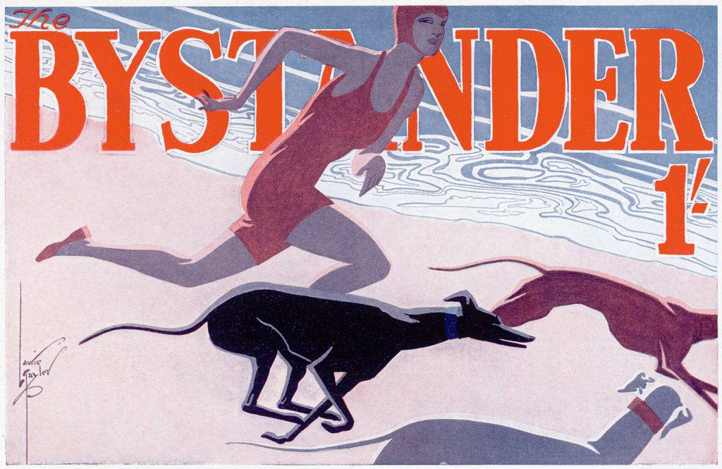 The Bystander Masthead, 1930. An athletic woman in a swimsuit and bathing cap, sprints along a beach accompanied by two elegant greyhounds, the canine icon of the art deco period